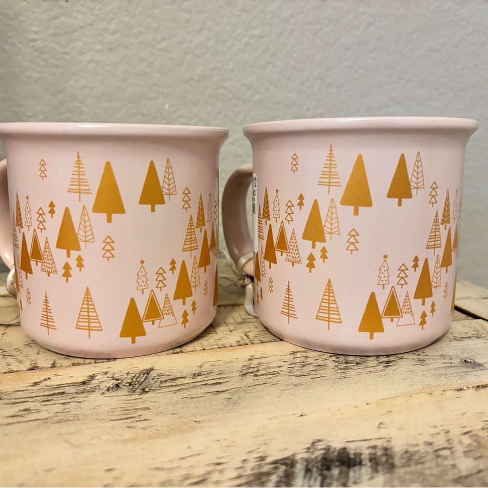 Retro Christmas Tree Coffee Mug Set of 2 Blush Pink Gold